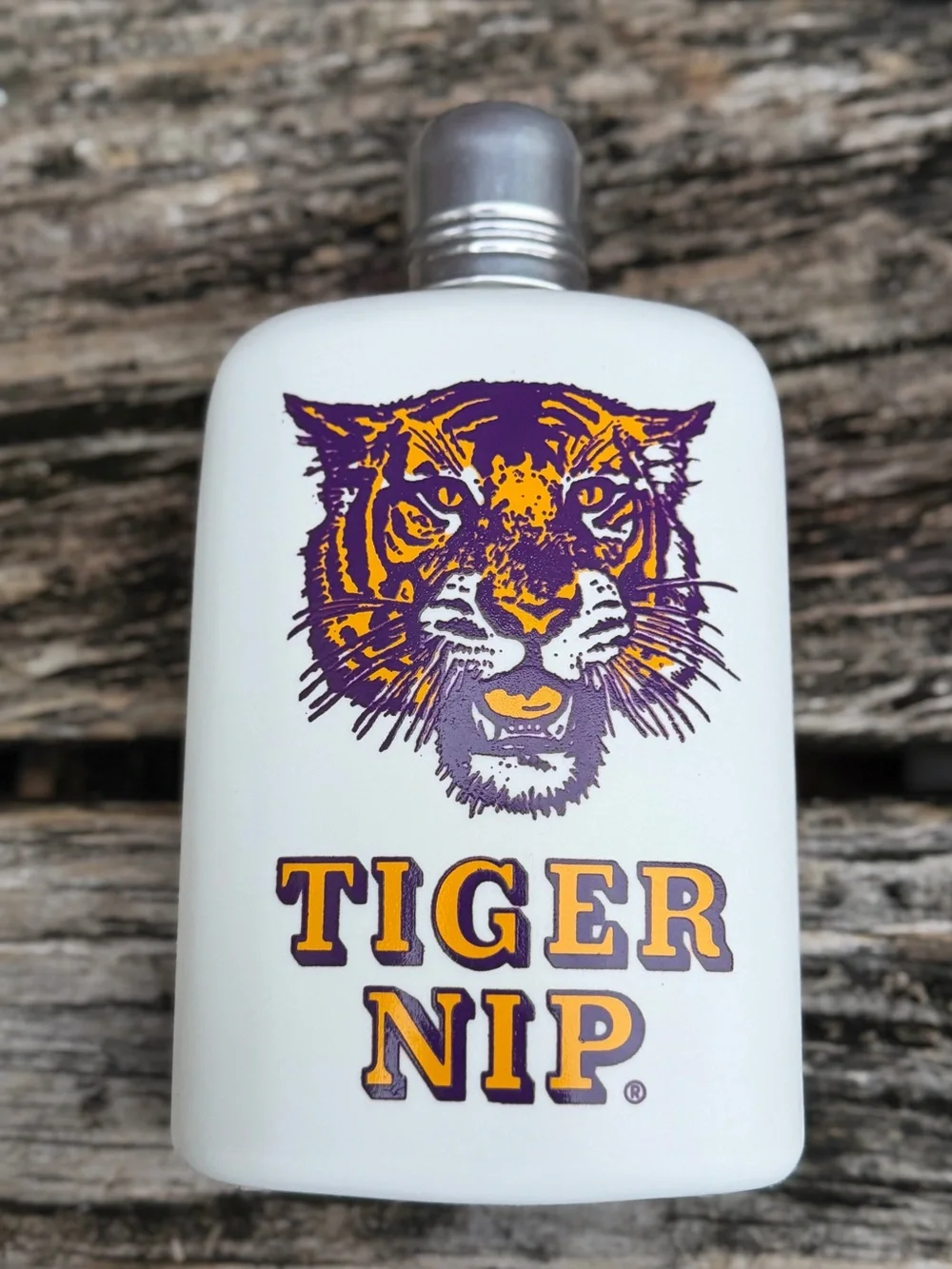 Vintage LSU Tigers “Tiger Nip” White Plastic Flask Purple Gold Tiger Graphic P6